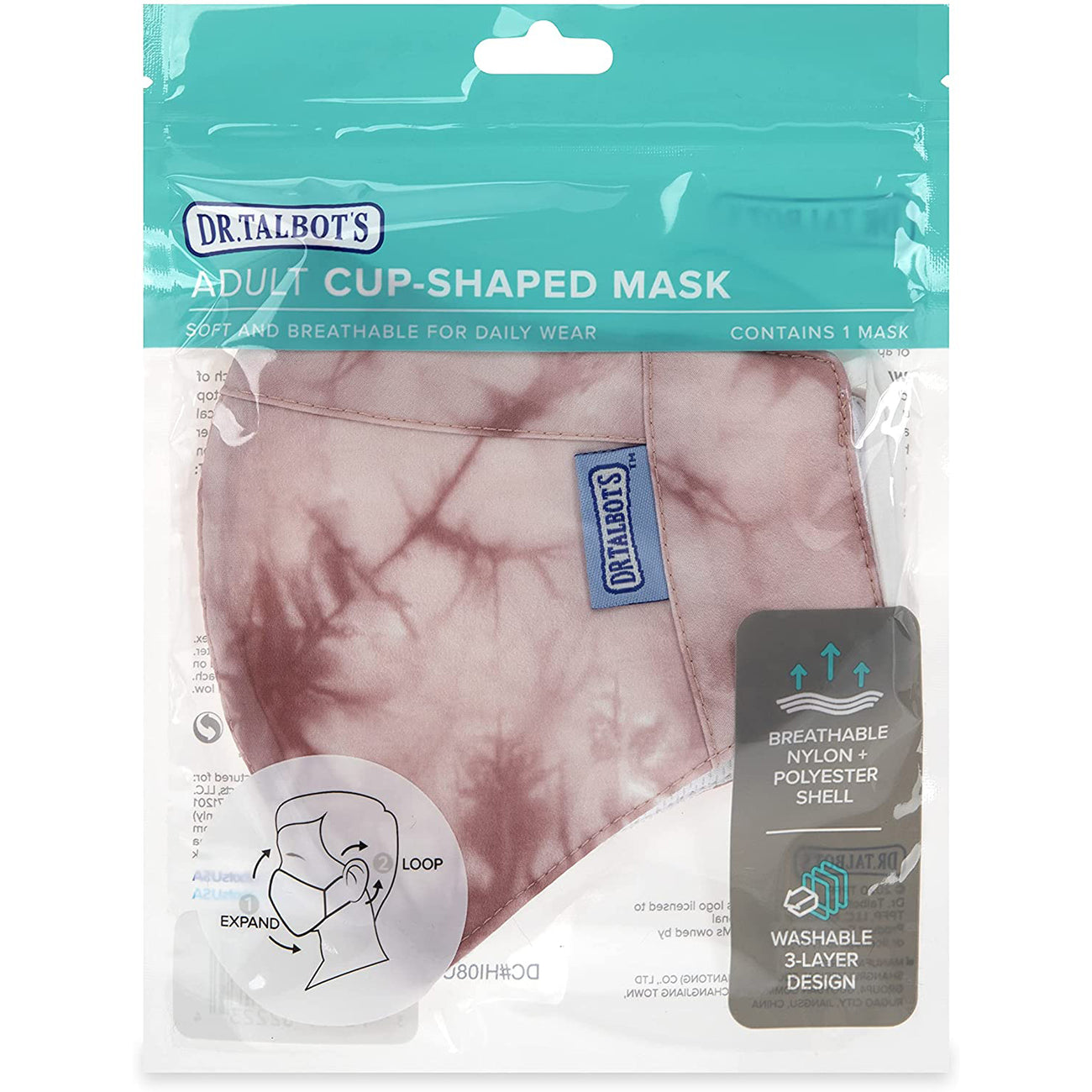 Adult Cup-style Cloth Mask - 1 pack - Dusty Rose Tie-dye - Dr Talbot's US