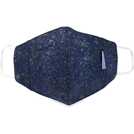 Dr. Talbot's Adult Cup-style Cloth Mask - Stardust features a dark blue starry pattern, white ear loops, and a blue fabric tag. This breathable mask is ideal for everyday adult use. 1 pack included.