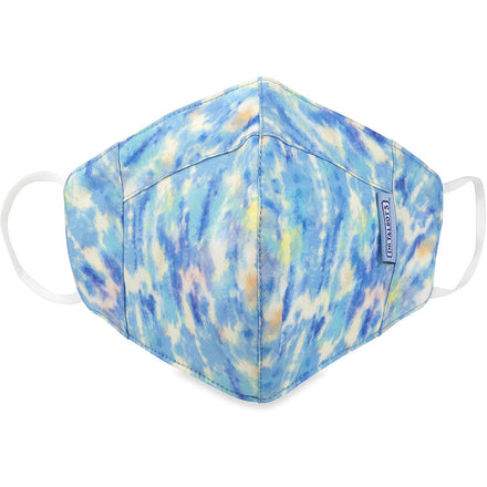 Dr. Talbot's Adult Cup-style Cloth Mask (1 pack) features a washable, breathable design with ear loops and blue & pastel water colors. The mask has visible stitching and a small fabric tag on the right side.