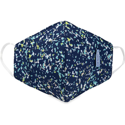 Dr. Talbot's Adult Cup-style Cloth Mask (1 pack) features a navy background with a colorful spackle pattern, white ear loops, and a small rectangular brand tag on the side.