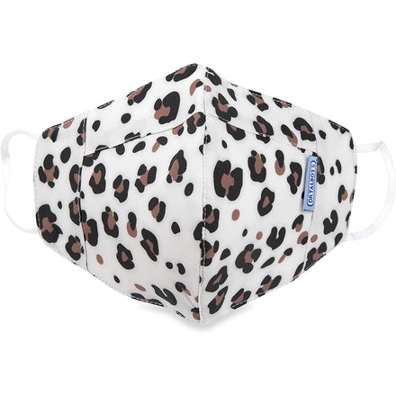 Dr. Talbot's Adult Cup-style Cloth Mask, 1 pack, features a black and brown leopard print and white ear loops. This reusable, breathable fabric mask is shown against a white background.