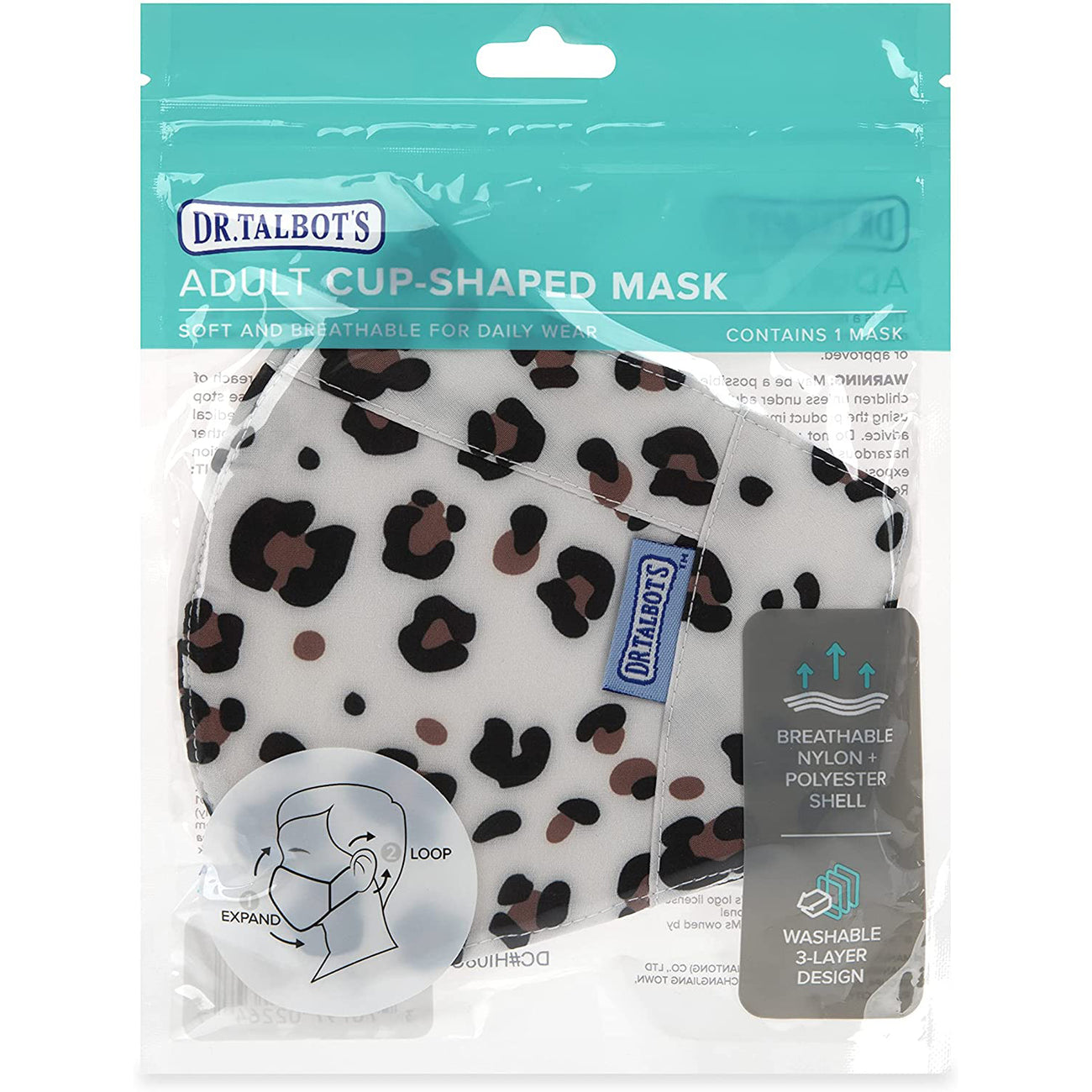 Adult Cup-style Cloth Mask - 1 pack - Leopard Print - Dr Talbot's US