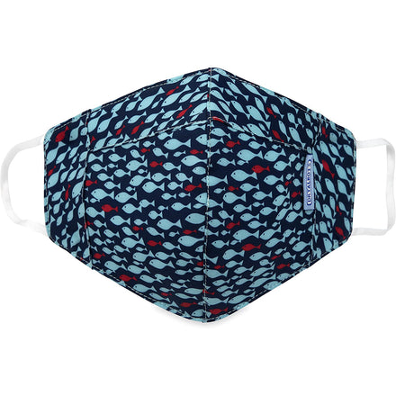 Dr. Talbot's Adult Cup-style Cloth Mask - 1 pack - Fish features a reusable design with blue and red fish on a dark blue background and white ear loops, combining comfort with playful style.