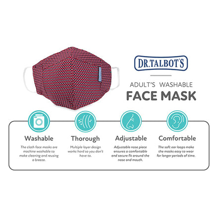 A Dr. Talbot's Adult Cup-style Cloth Mask (1 pack, Black Dots on Red) is shown above icons for its washable material, multi-layer design, adjustable nose piece, and comfortable soft ear loops.