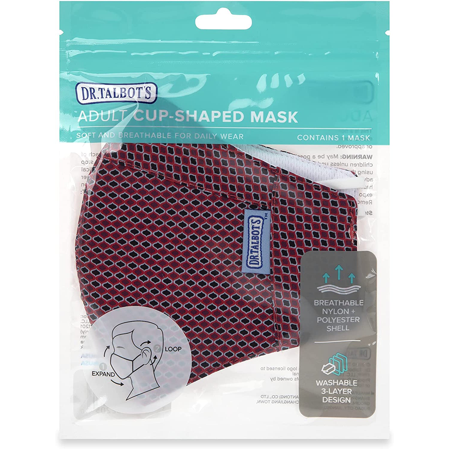 Adult Cup-style Cloth Mask - 1 pack - Black Dots on Red - Dr Talbot's US