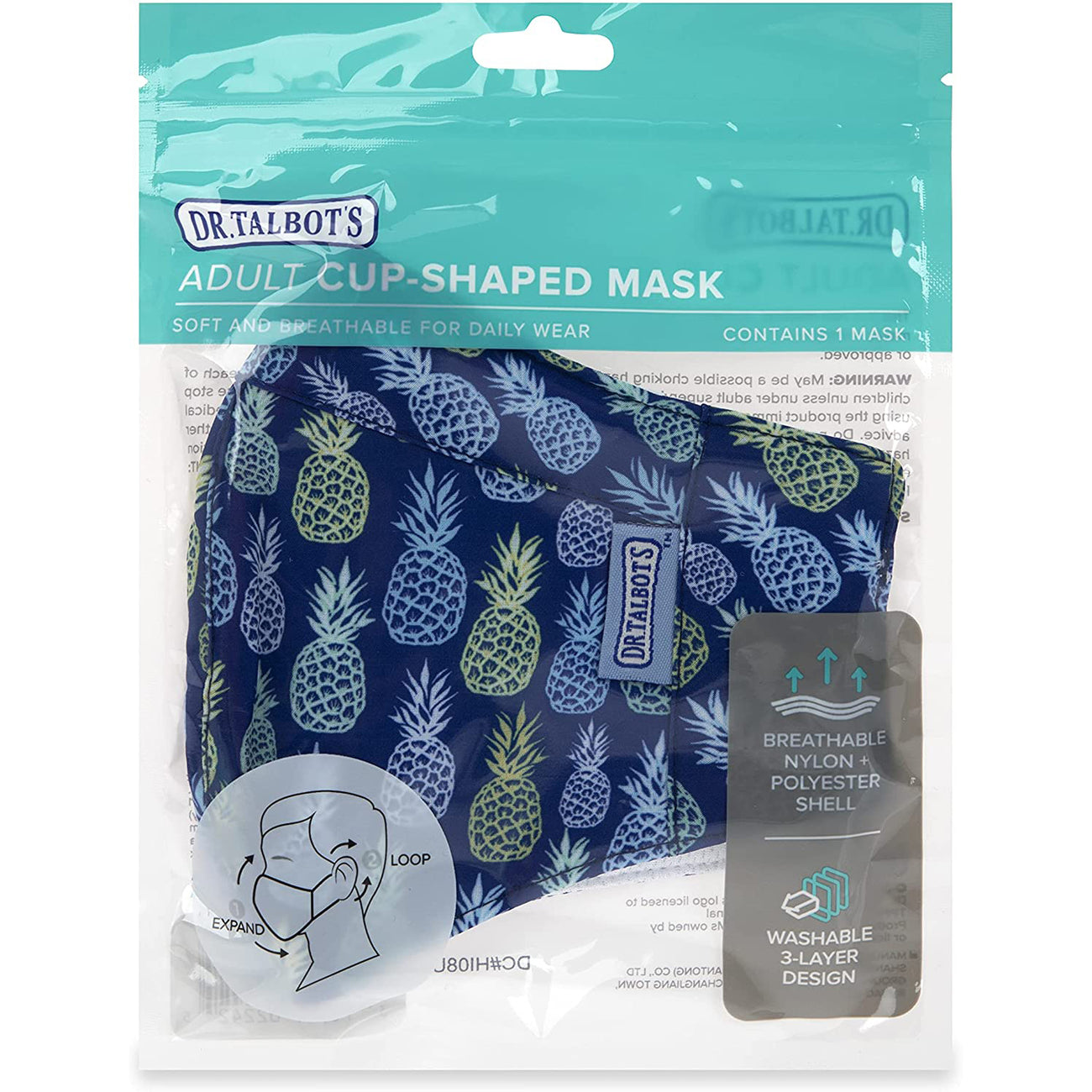 Adult Cup-style Cloth Mask - 1 pack - Pineapples - Dr Talbot's US