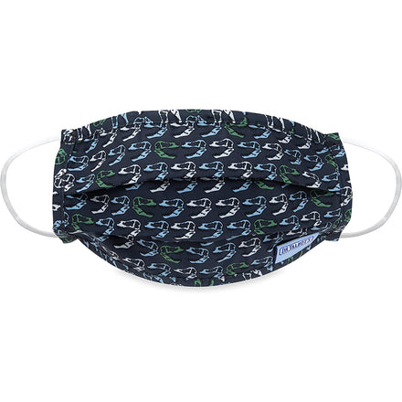 Dr. Talbot's Adult Pleated Cloth Mask - Dinosaur Skulls features a reusable design with a unique skull pattern, breathable fabric, white elastic ear loops, and a small brand tag on the lower right side. Comes in a 1-pack for adults.