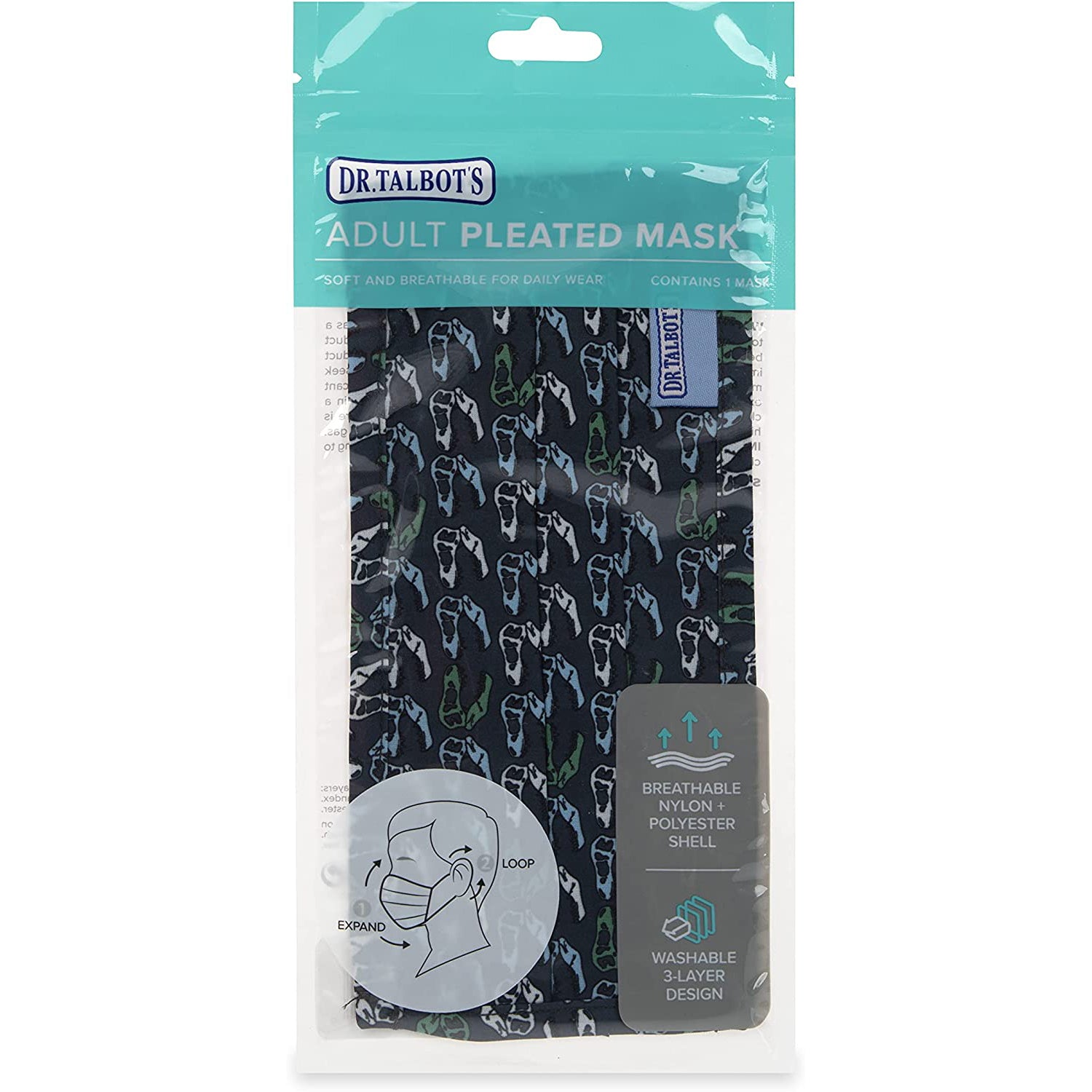 Adult Pleated Cloth Mask - 1 pack - Dinosaur Skulls - Dr Talbot's US