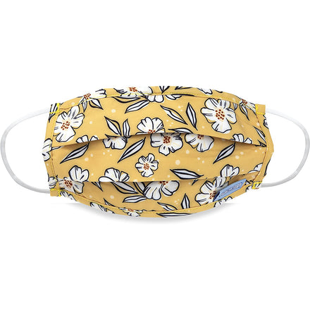 Dr. Talbot's Adult Pleated Cloth Mask (1 pack) features a yellow design with white flowers and green leaves, plus white ear loops, shown against a white background.