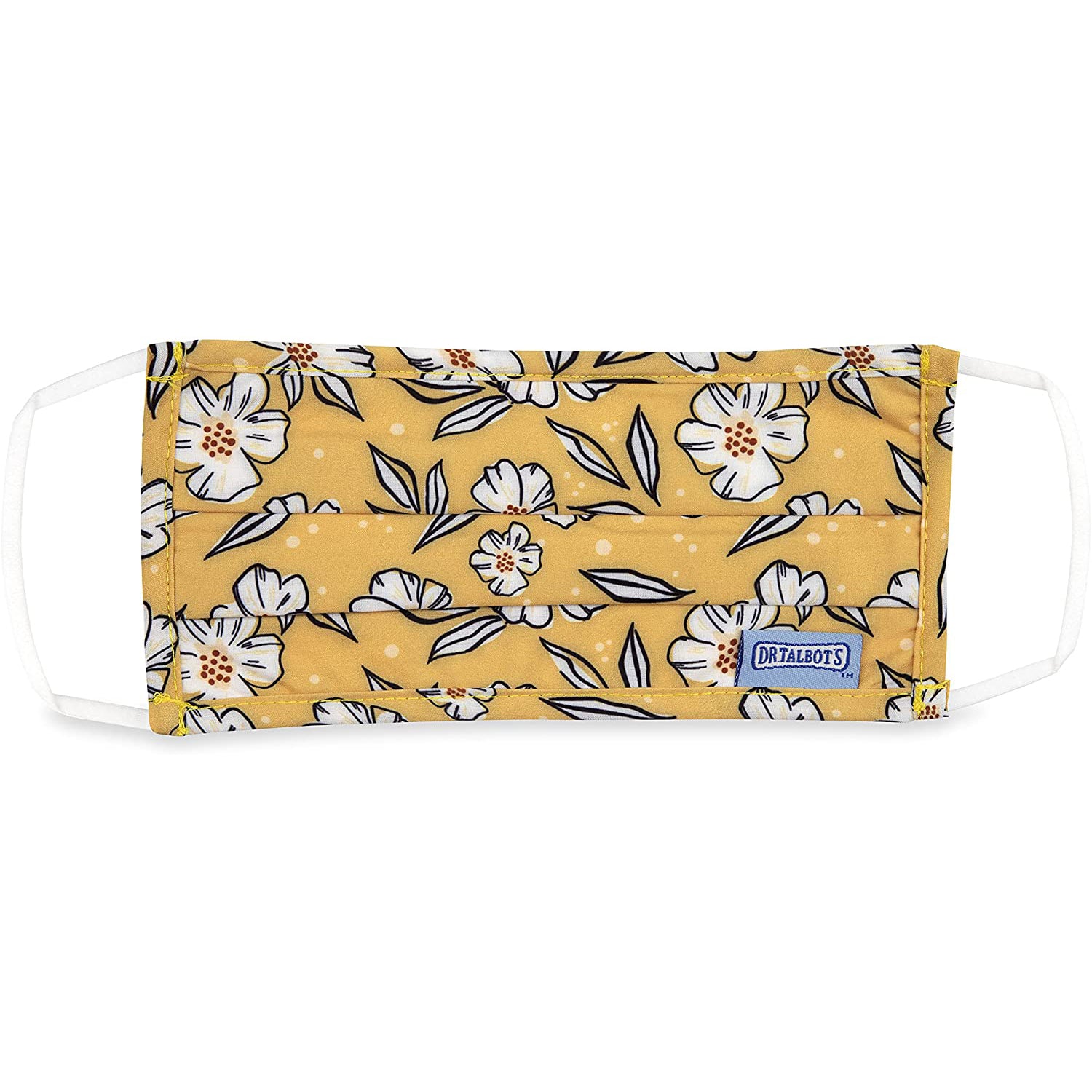 Adult Pleated Cloth Mask - 1 pack - White Flowers on Yellow - Dr Talbot's US