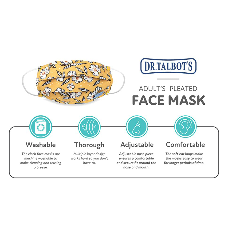 Adult Pleated Cloth Mask - 1 pack - White Flowers on Yellow - Dr Talbot's US
