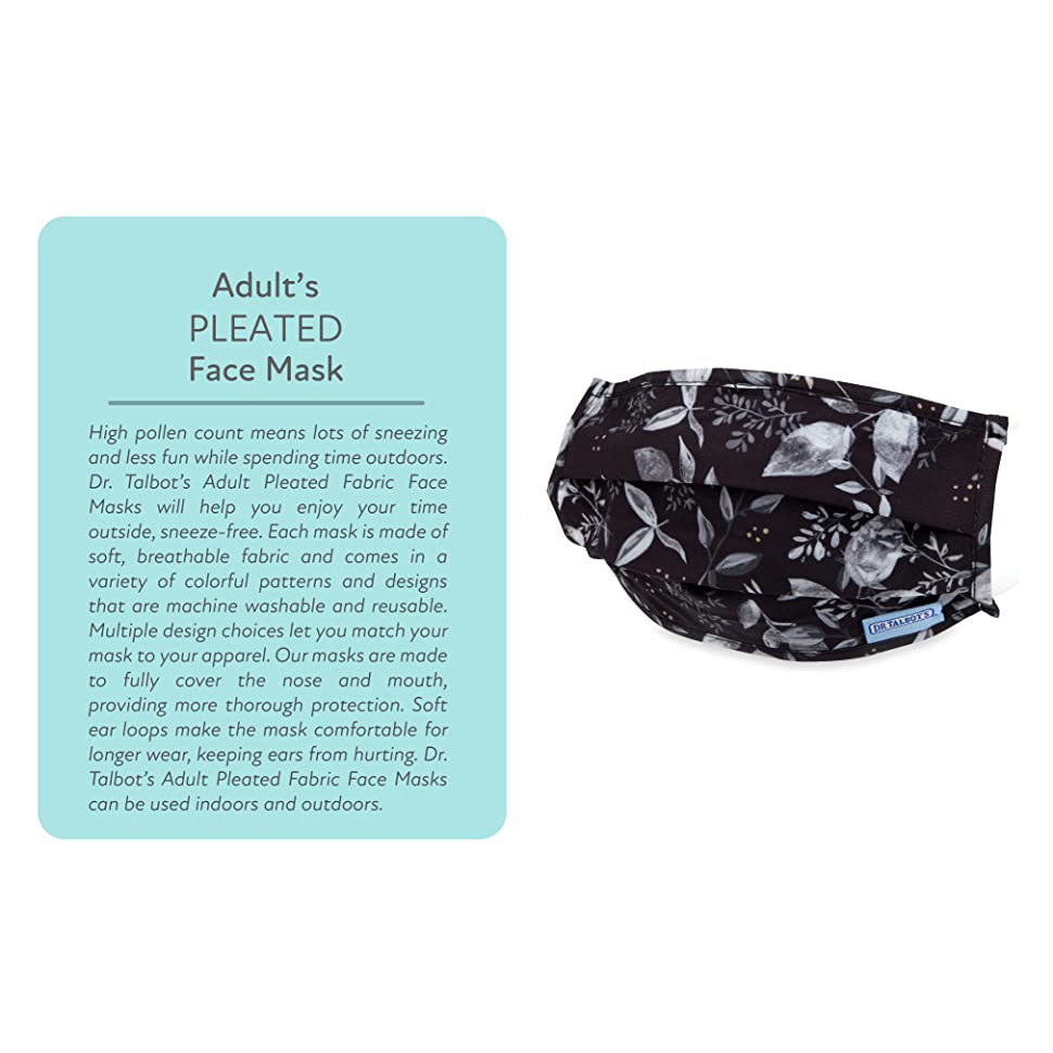 Adult Pleated Cloth Mask - 1 pack - White Leaves on Black - Dr Talbot's US