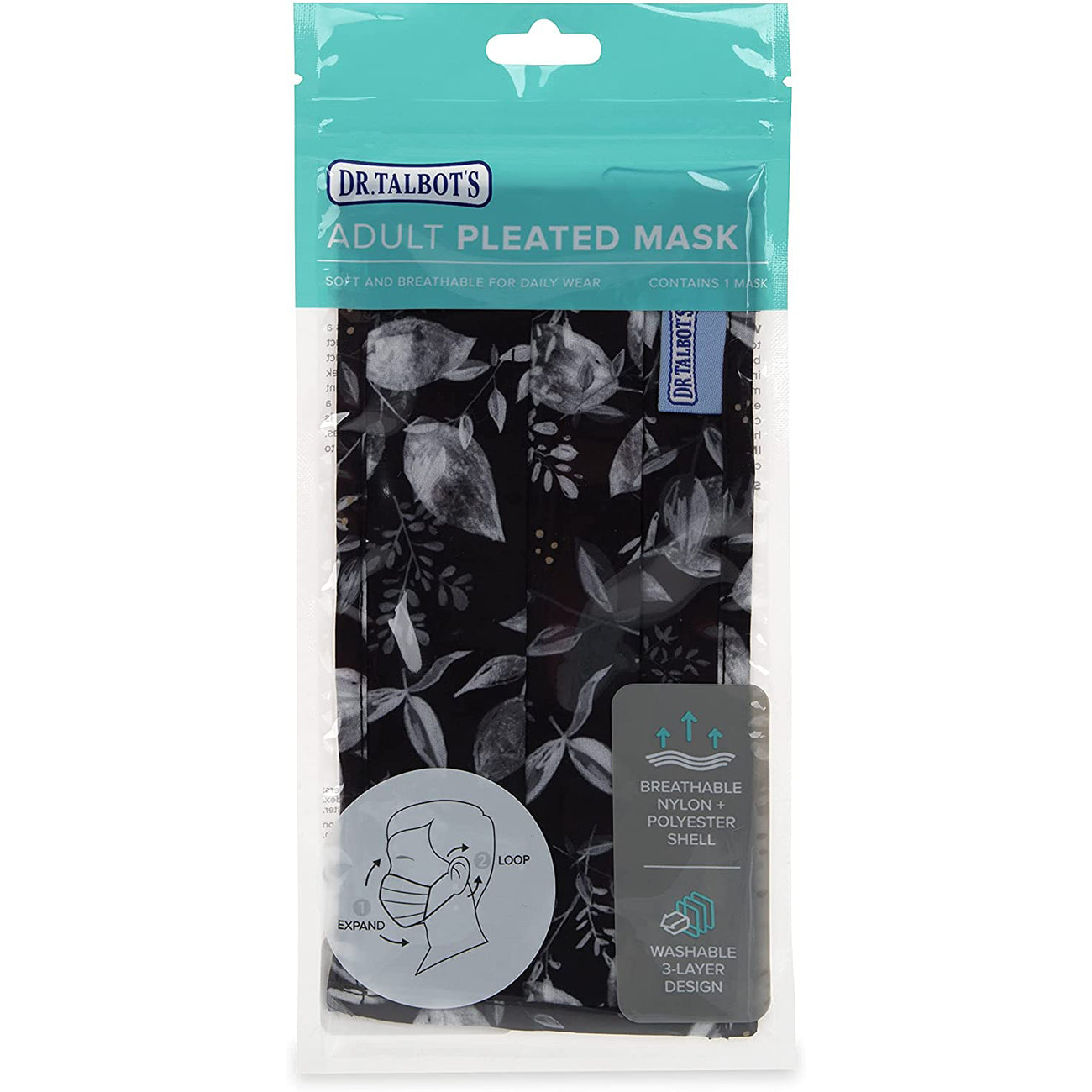 Adult Pleated Cloth Mask - 1 pack - White Leaves on Black - Dr Talbot's US