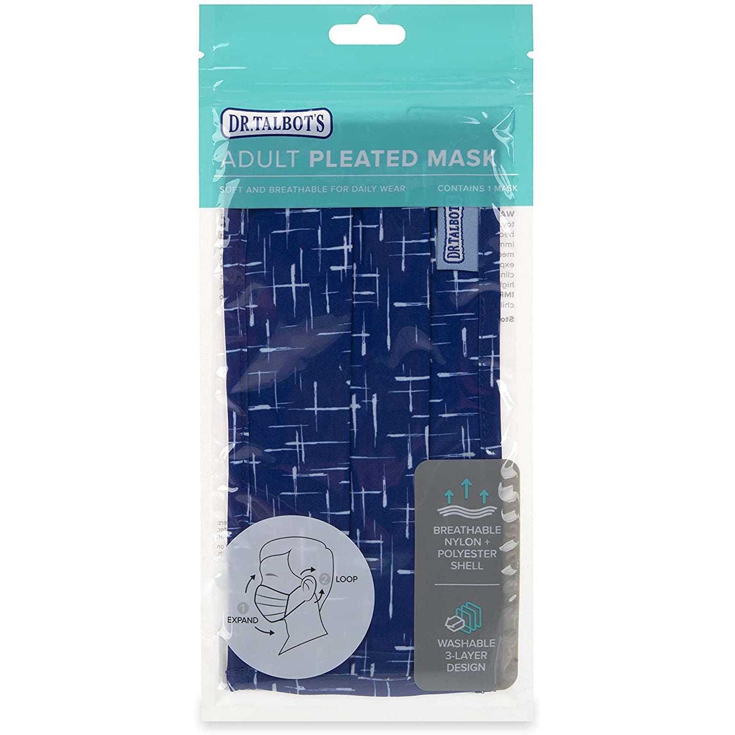 Adult Pleated Cloth Mask - 1 pack - White Lines on Blue - Dr Talbot's US