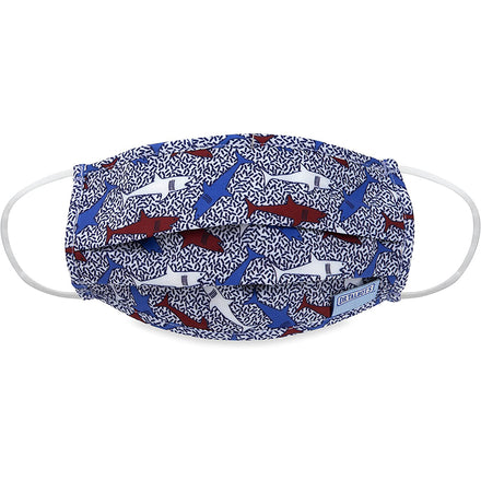 Dr. Talbot's Adult Pleated Cloth Mask - 1 pack features a red, white, and blue shark pattern, white elastic ear loops, and a small rectangular label on the lower right side.