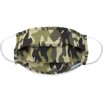 Dr. Talbot's Adult Pleated Cloth Mask - 1 pack - Camo is a washable, reusable fabric face mask in a green, brown, and black camouflage pattern with white elastic ear loops on each side.