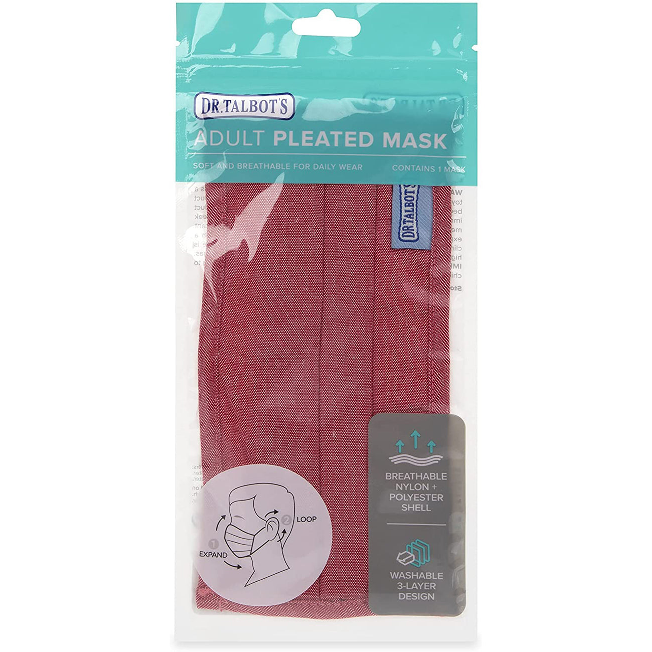 Adult Pleated Cloth Mask - 1 pack - Red - Dr Talbot's US