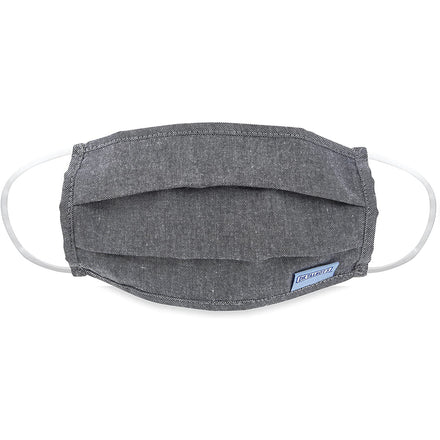 Dr. Talbot's Adult Pleated Cloth Mask in grey features white elastic ear loops and a small rectangular label on the lower right corner, shown against a white background. This reusable mask is sold as a 1 pack.