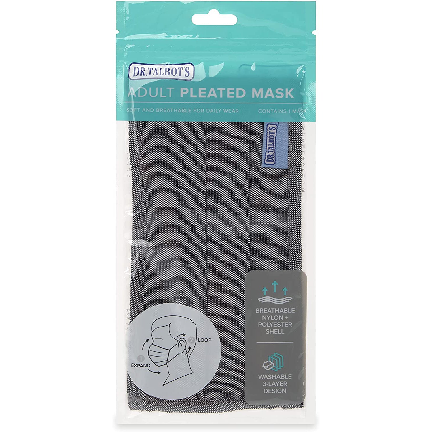 Adult Pleated Cloth Mask - 1 pack - Grey - Dr Talbot's US