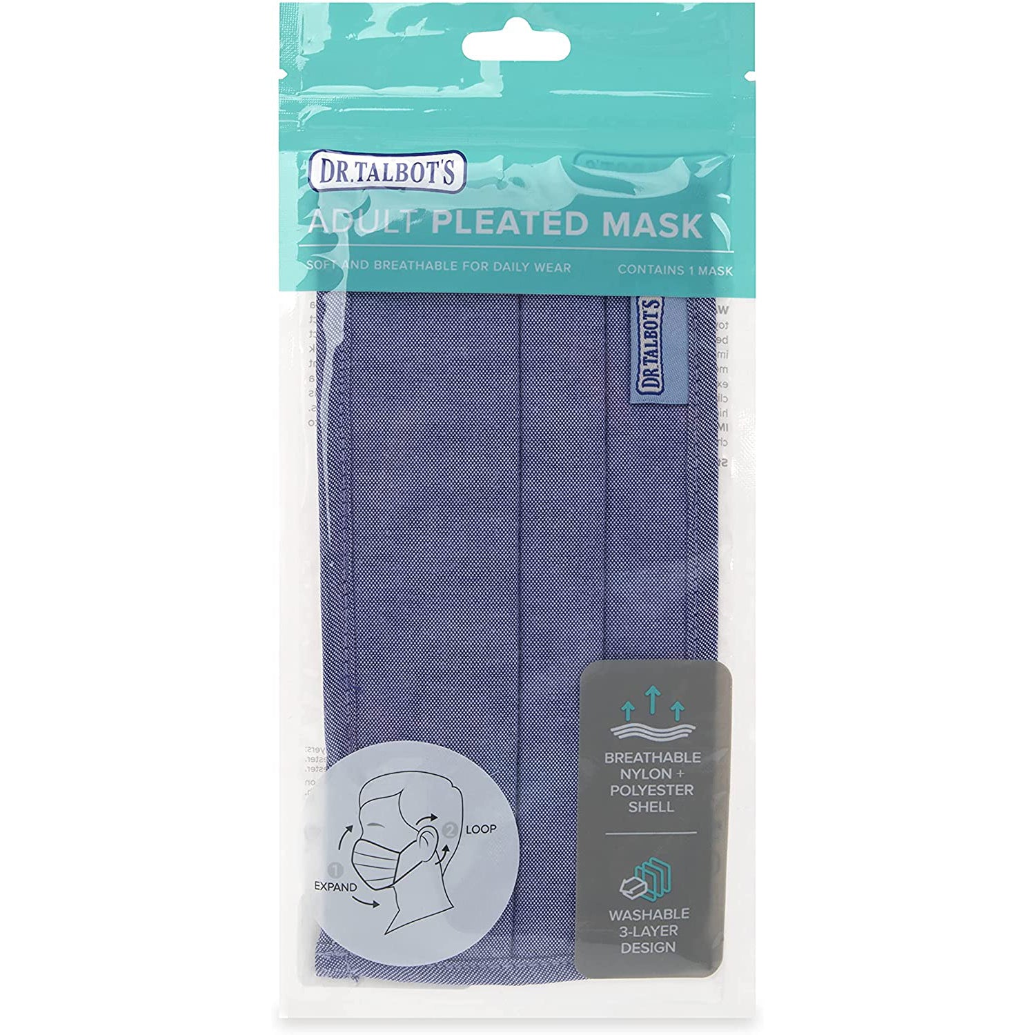 Adult Pleated Cloth Mask - 1 pack - Blue - Dr Talbot's US