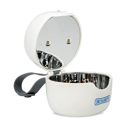 A white, round Dr. Talbot's Portable UV-C Light Sanitizer with a black handle opens to show a metallic interior and two small lights—ideal as an on-the-go sanitizer for pacifiers or other small items.