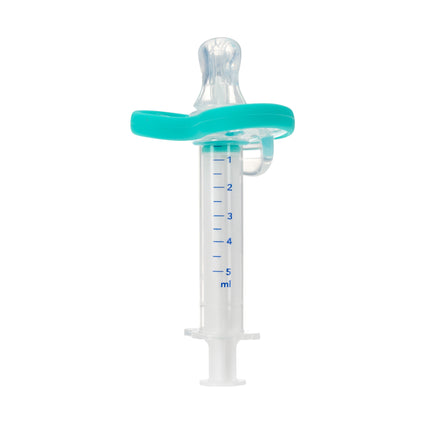 Dr. Talbot's 5ML Pacifier Medicine Dispenser features a teal pacifier-shaped top and clear body with blue 1-5ml measurement lines, providing accurate dosing for medicine administration.