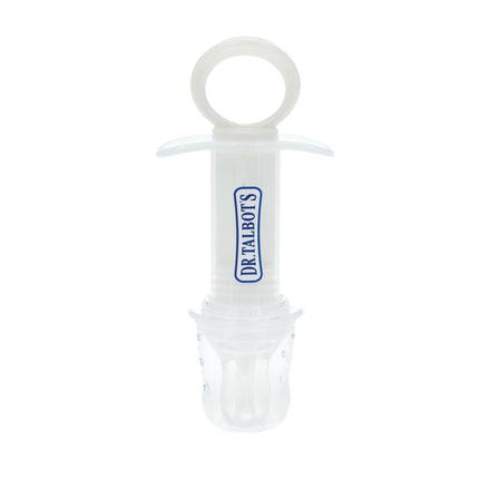 The Dr. Talbot's Sure-Dose 10ML Medicine Dispenser Kit is a clear plastic baby medicine dispenser with a ring handle and silicone nipple tip for precise oral medication delivery.