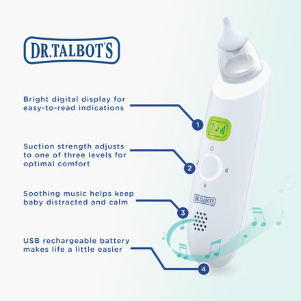 A white Dr. Talbot's Electric Nasal Aspirator with 2-Pack Nose & Ear Cleaners features a digital display, adjustable suction, calming music, USB charging port, and rechargeable battery for gentle and efficient mucus removal in babies.