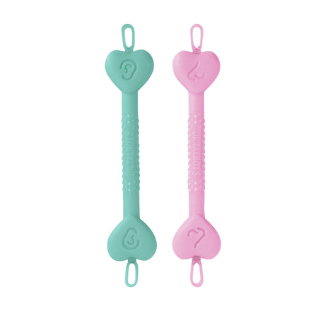 Dr. Talbot's Baby Nose and Ear Cleaner with Case includes two silicone sticks—one green with a raised ear symbol, one pink with a nose symbol—both featuring heart-shaped ends and textured grips for gentle, hygienic cleaning.